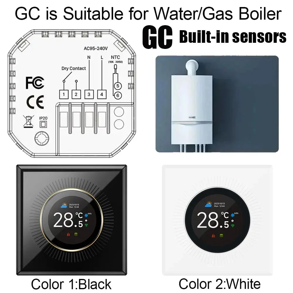Thermostat WiFi à molette Tuya – plancher chauffant & chaudière eau/gaz, écran TFT 1,32" Solunergis