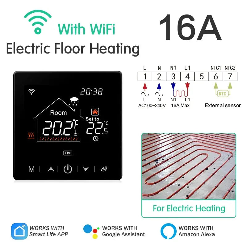 Floor Heating Thermostat Tuya WiFi Programmable Temperature Controller for Electric Warm Gas Boiler Smart Life Work with Alexa Solunergis