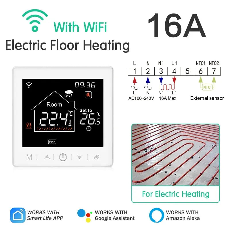 Floor Heating Thermostat Tuya WiFi Programmable Temperature Controller for Electric Warm Gas Boiler Smart Life Work with Alexa Solunergis