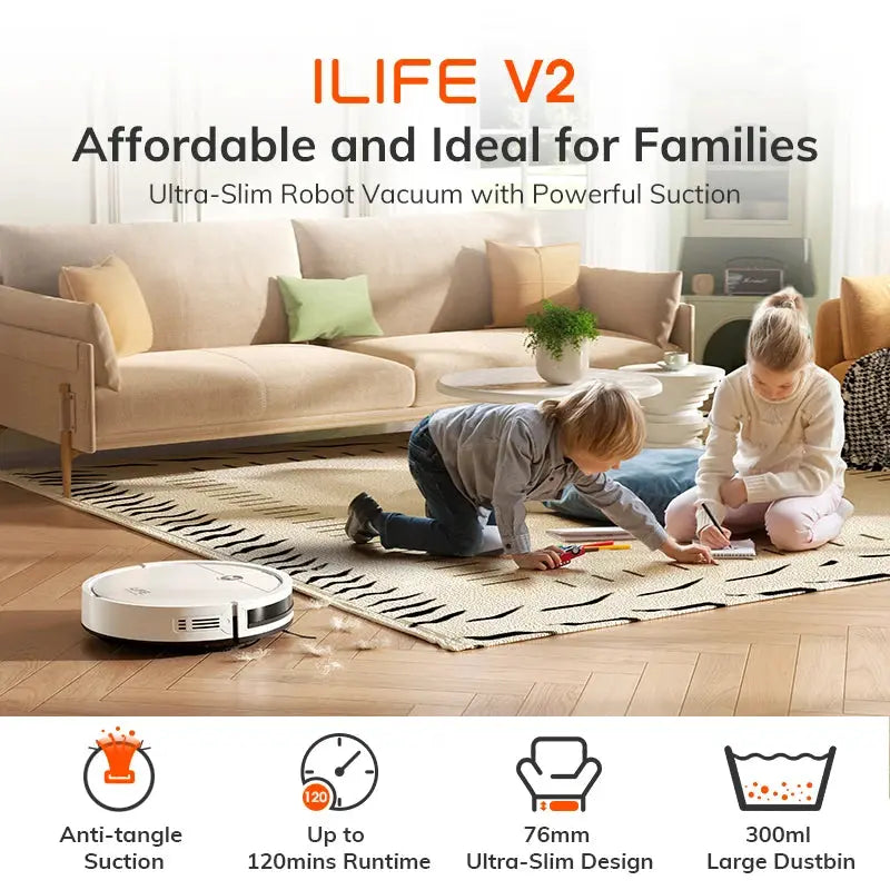 ILIFE V2 Robot aspirateur : 2 h d’autonomie, auto-recharge, format slim, fonctionnement silencieux Solunergis