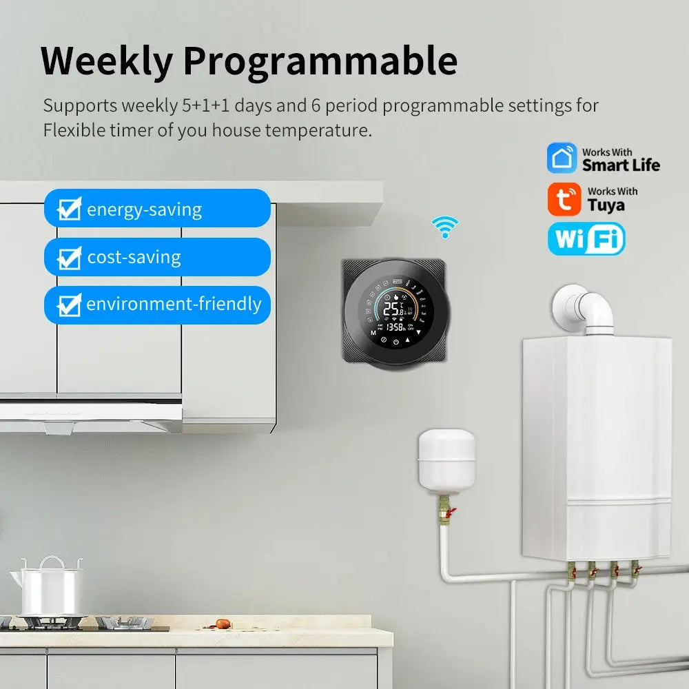 Thermostat WiFi Tuya – plancher chauffant électrique & chaudière eau/gaz, écran tactile LCD Solunergis