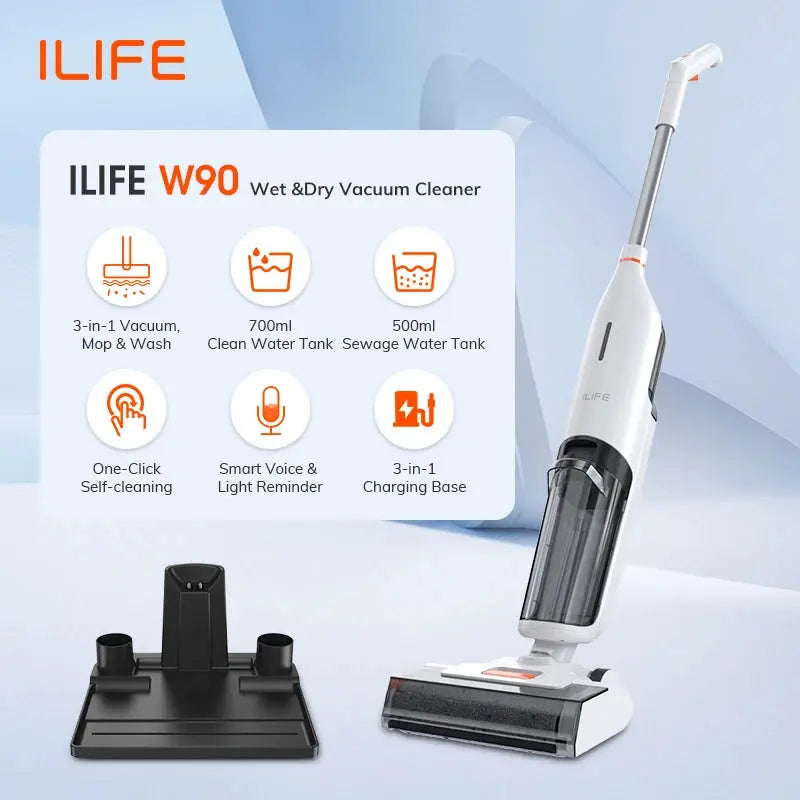Aspirateur-laveur sans fil ILIFE W90 – 5 500 Pa, lavage humide/sec, auto-nettoyage 1 min Solunergis